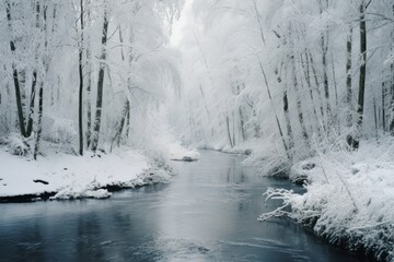  a river surrounded by snow covered trees and a forest filled with lots of snow on the side of the river.