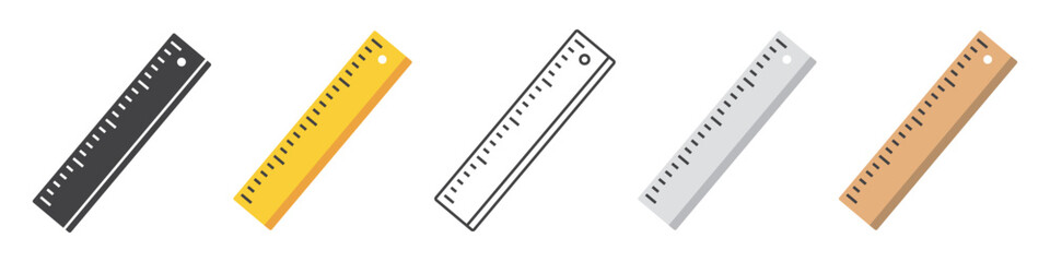 Set of ruler icons. Ruler tool symbol, measuring tool. Drawing and creating blueprints, education and training, school supply. Wooden or plastic ruler. Vector. EPS10.