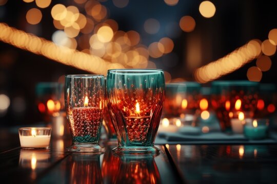  a group of candles sitting on top of a table in front of a glass filled with red and green liquid.