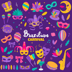Fototapeta premium Brazilian Carnival traditional symbols set. Decorative elements for Mardi Gras, Venetian festival. Masquerade masks, feathers, musical instruments. Flat vector isolated illustrations.