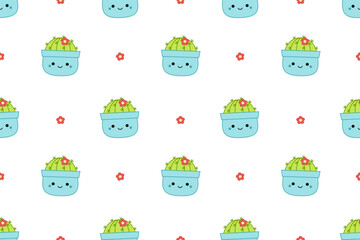 Blue pots with cactuses on seamless pattern. Squishmallow. Cactus, plant. Kawaii, Vector