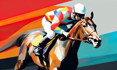 multicolor art deco racehorse jockey  - obrazy, fototapety, plakaty