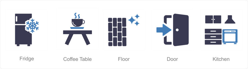 A set of 5 Home Interior icons as fridge, coffee table, floor
