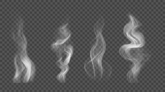 Set of realistic steam from hot drinks, food. Vector illustration with white cloudy smoke or fog