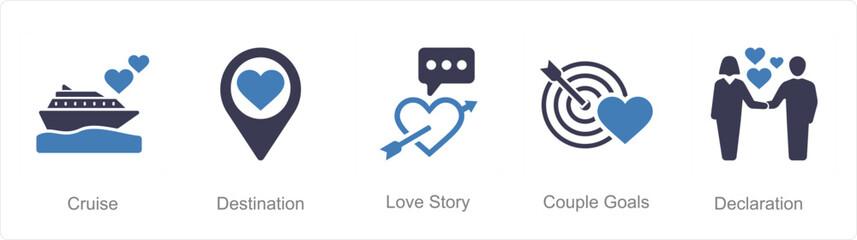 A set of 5 Honeymoon icons as cruise, destination, love story