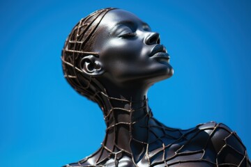  a close up of a statue of a woman's head and neck with wires attached to the neck and shoulders.