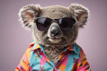 Portrait of a cute koala wearing sunglasses on a purple background