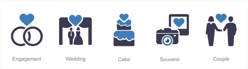 A set of 5 Honeymoon icons as engagement, wedding, cake