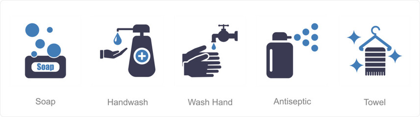 A set of 5 Hygiene icons as soap, hand wash, wash hand