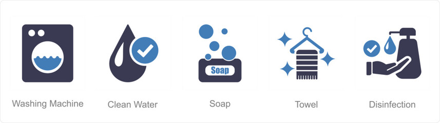 A set of 5 Hygiene icons as washing machine, clean water, soap