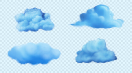 Blue sky. Set of 3d vector design elements. Bright fluffy realistic clouds isolated on transparent background