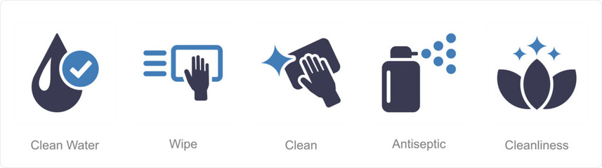 A set of 5 Hygiene icons as clean water, wipe, clean