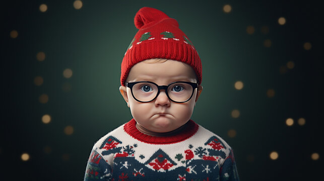 Funny child newborn baby in ugly Christmas sweater. 
