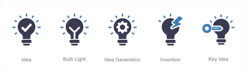 A set of 5 Idea icons as idea, bulb light, idea generation