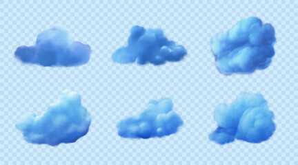 Set of blue cumulus clouds. Vector design elements. 3d fluffy sky isolated on transparent backdrop