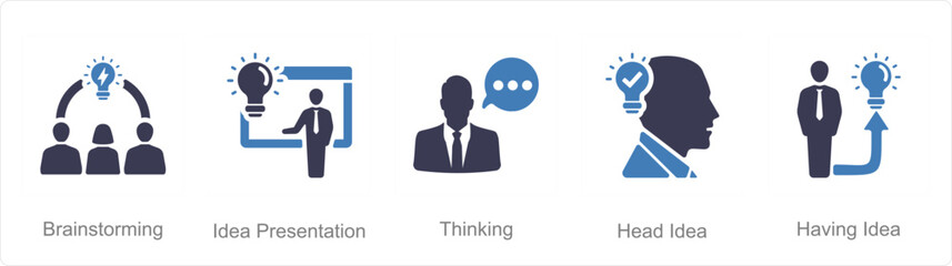 A set of 5 Idea icons as brainstorming, idea presentation, thinking