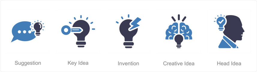 A set of 5 Idea icons as suggestion, key idea, invention