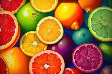  a painting of a bunch of fruit with oranges, lemons, grapefruits, and limes.