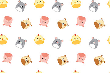 Pets on seamless pattern. Squishmallows. Dog, pig, chick, mouse. Kawaii, Vector