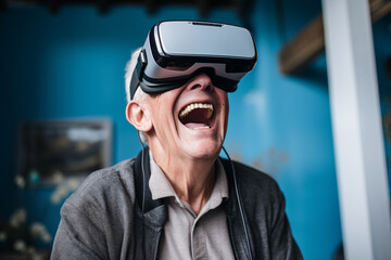 Excited old man using virtual reality glasses