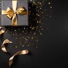 giftbox gold ribbon frame around, space for 
text, top view, symmetry, closeup, decorated 
with glitter star, AIgenerated