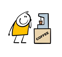 Funny stickman stands and looks at the coffee machine. Preparation of a hot drink in a paper cup. Vector illustration of a break at work in the office.