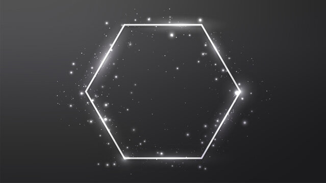 Neon hexagon frame with shining effects and sparkles