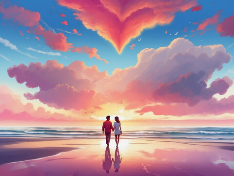 Couple walking hand in hand on the beach. Romantic Valentine's day background with a vibrant sunset. Image for or social media stories and post, invitation, greeting card. Generative AI