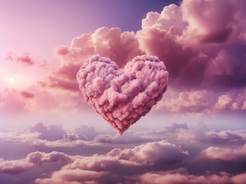 Romantic Valentine's day background with a soft pink and purple color palette, featuring delicate heart shaped cloud floating in a sky. Image for social media post, invitation, greeting card