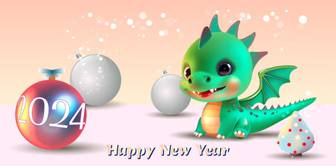 Little green dragon in a New Year's entourage. Happy New Year 2024 greeting card