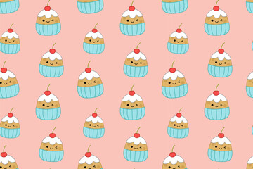 Cherry cupcake on pink seamless pattern. Squishmallow. Cake. Kawaii, Vector