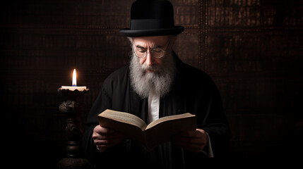 Old bearded Jew with glasses reads the holy scripture Torah