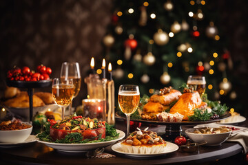 Christmas Dinner table full of dishes with food and snack