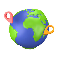 3d planet earth with location marker or pin in plastic render. icon design