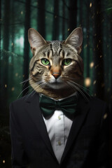 The cat dressed in an elegant black suit stands in the forest. Fashion portrait of an anthropomorphic animal. Generative ai