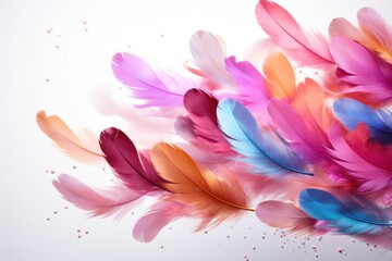  a group of multicolored feathers flying in the air with bubbles on the bottom of the feathers and on the bottom of the feathers on the bottom of the feathers is a white background.