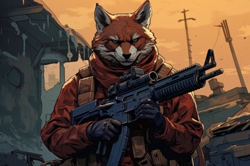  a fox with a gun in his hand and a gun in his other hand, standing in front of a building.