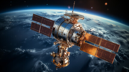 Satellite orbiting the planet Earth. 3D illustration. 