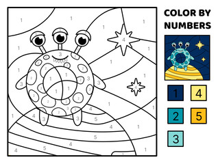 Blue alien on yellow planet. Color by number. Space. Coloring page. Game for kids. Cartoon, vector
