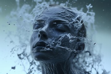  a close up of a woman's face with water splashing on her face and water droplets on her face.