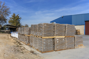 Pallets of sandbags ready to distribute on delivery roads