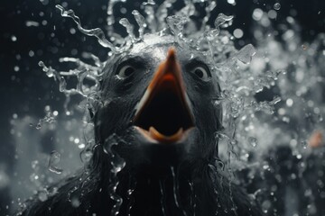  a close up of a bird with its mouth open and water splashing on it's face and body.