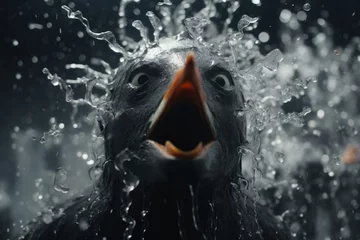 Foto op Canvas  a close up of a bird with its mouth open and water splashing on it's face and body. © Shanti