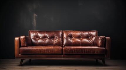 Image of a leather sofa on a dark background. - obrazy, fototapety, plakaty