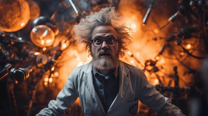 Image of a mad scientist with disheveled hair. - obrazy, fototapety, plakaty