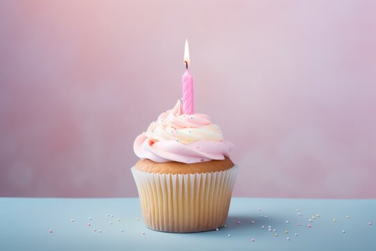 Delicious tasty cupcake with cream and birthday candle.