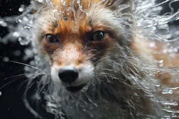  a close up of a fox's face with water splashing on it's face and a black background.