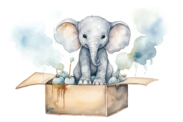 Foto op Aluminium cartoon watercolor elephant character with balloons on white background © dashtik