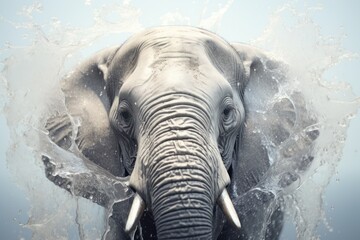  a close up of an elephant's face with water splashing on it's face and its trunk.
