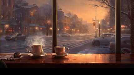 Cozy snowy weather outside, view from a warm diner with a steaming coffee 